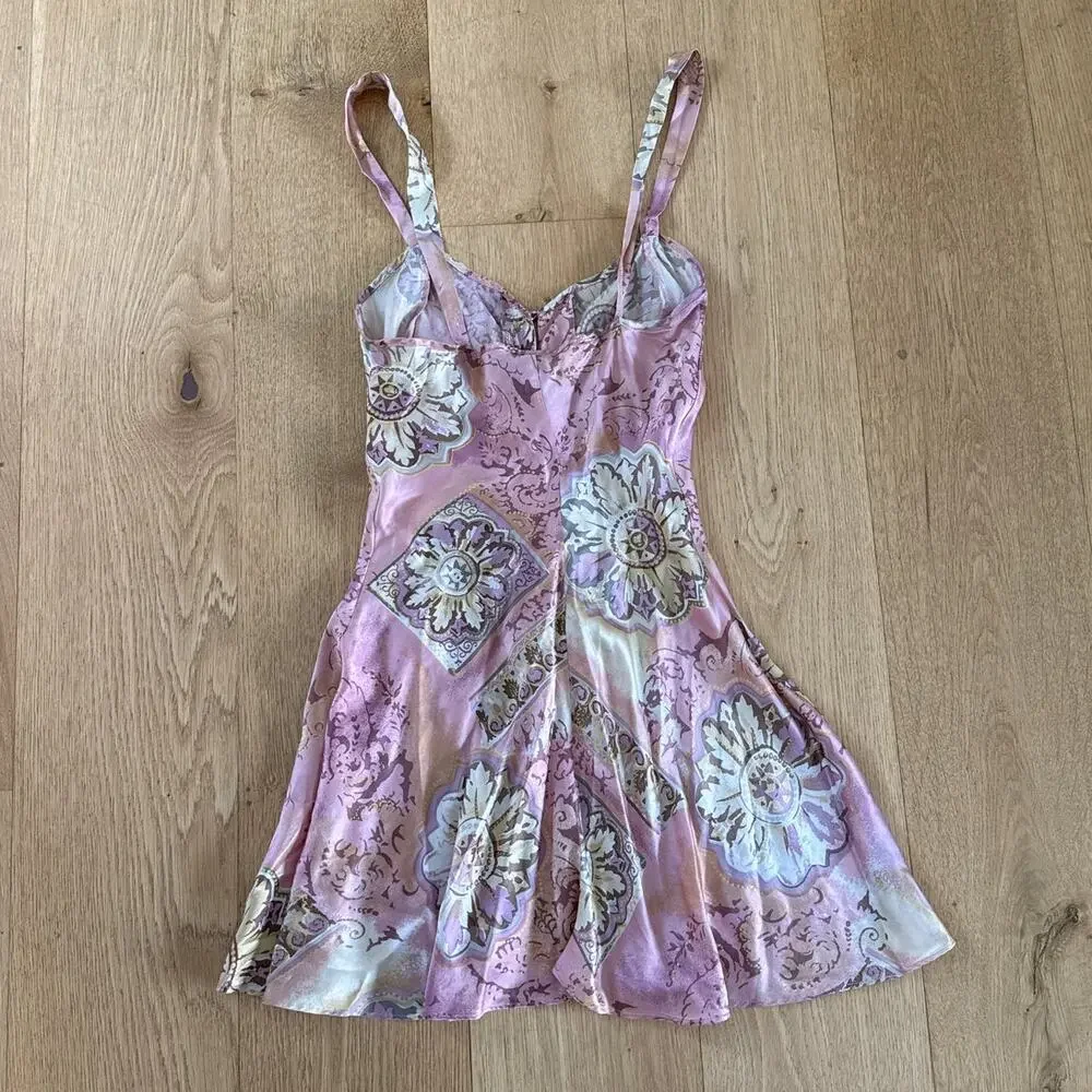 In Stock Floral Silk Mini Dress Sleeveless Size L Pink - Picture 4 of 4